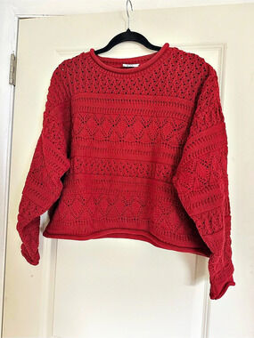 Sarah Arizona Open Knit Crewneck Sweater in Red